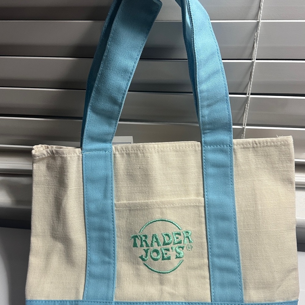 Trader Joe's Cream Tote with Light Blue Handles